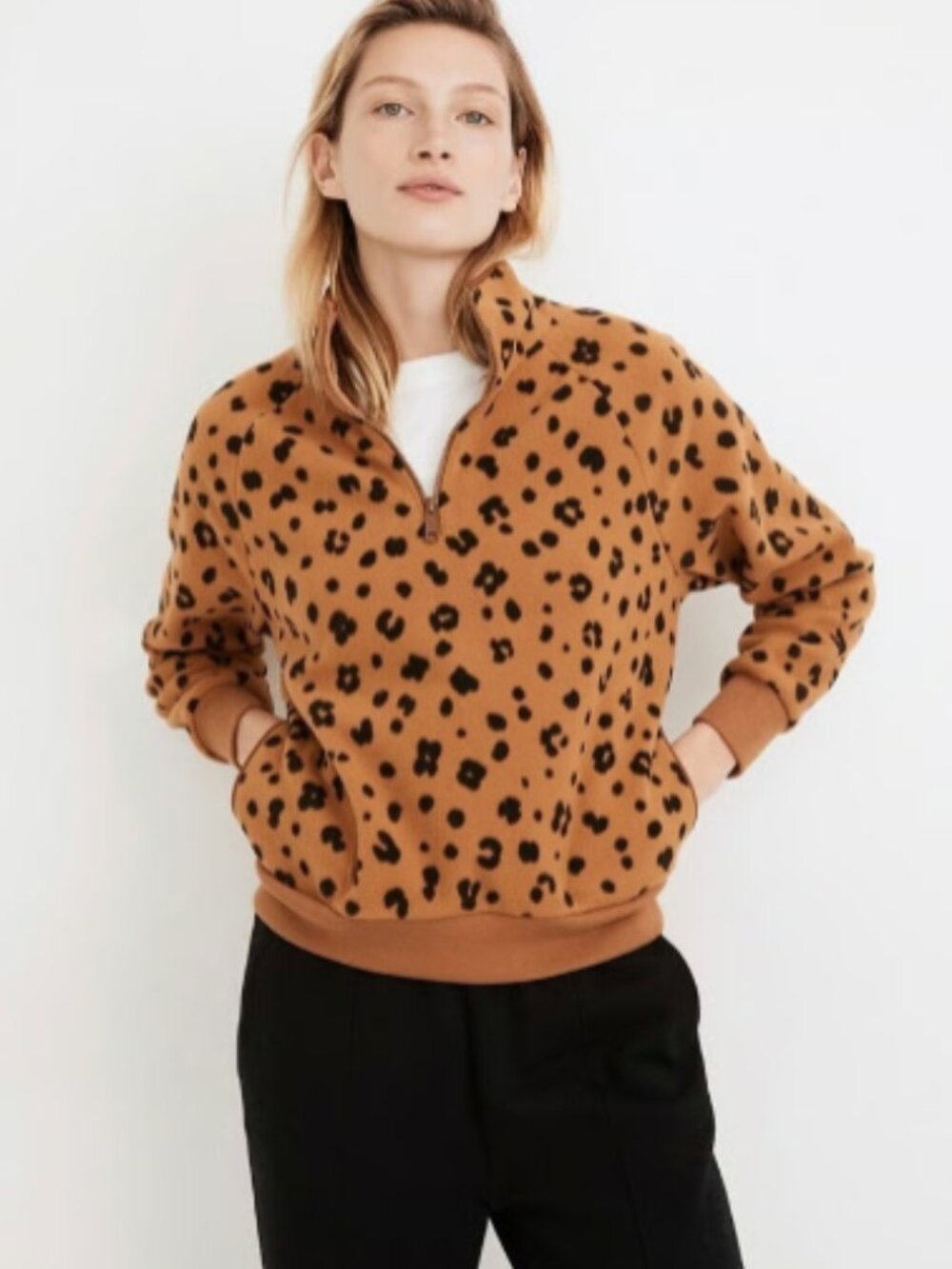 Madewell Betterfleece Half-Zip Sweatshirt in Cheetah Print